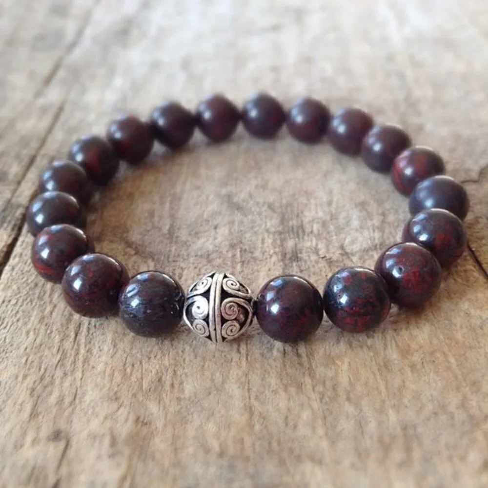 Men's Burgundy Jasper Gemstone Stretch Bracelet Sterling Silver Bead 10mm Beads